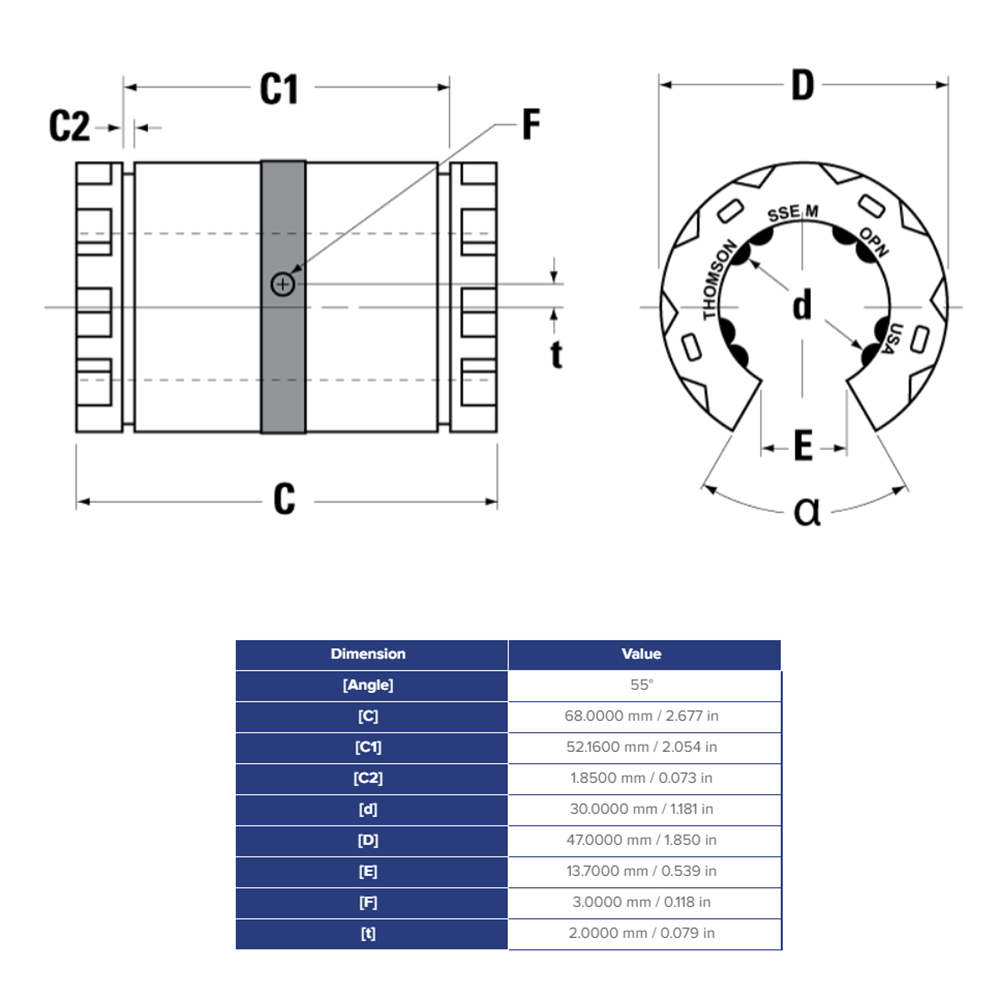 SSEM30OPN THOMSON BALL BUSHING<BR>SSE SERIES 30MM OPEN LINEAR BEARING SELF ALIGNING ADJUSTABLE 1865.9 LBF